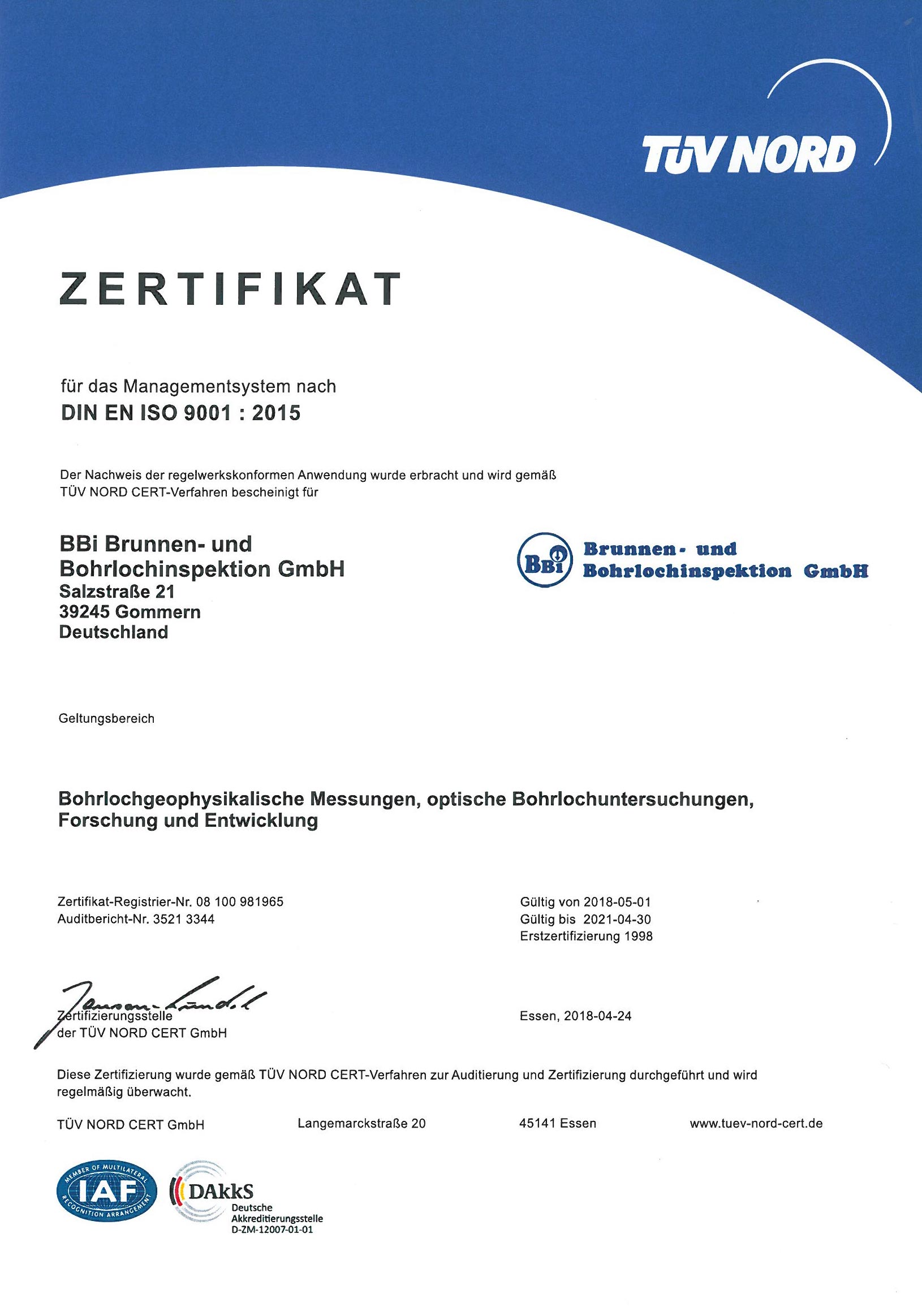 Zertifikat ISO 9001 2015 Deutsch