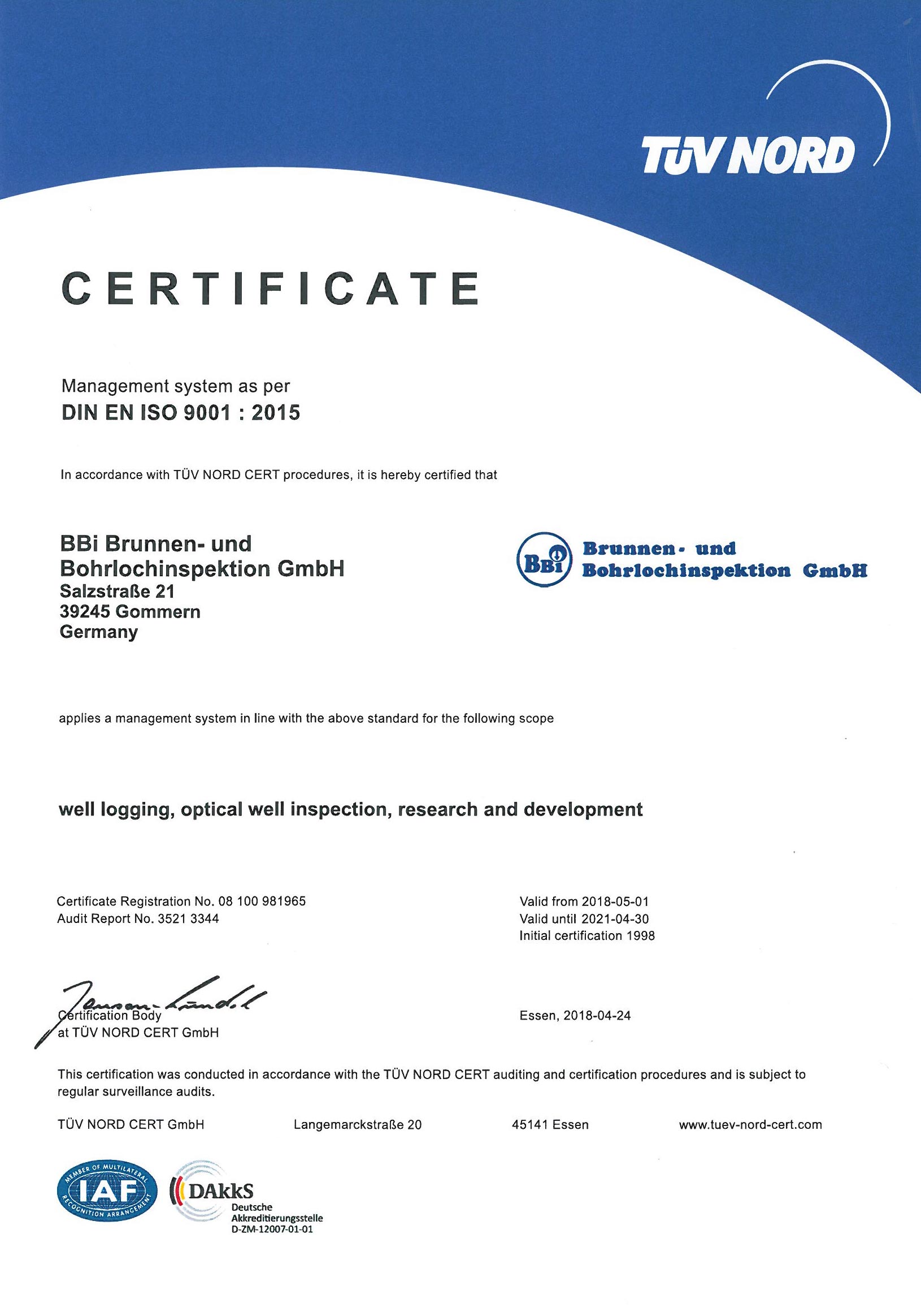 Zertifikat ISO 9001 2015 Englisch
